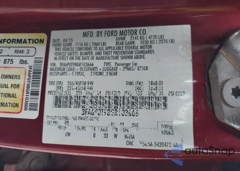 2016 Ford Fusion Se из США, поврежденный, VIN 3FA6P0T98GR103666